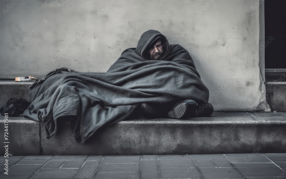 Person Wrapped in Blanket Sitting on Step