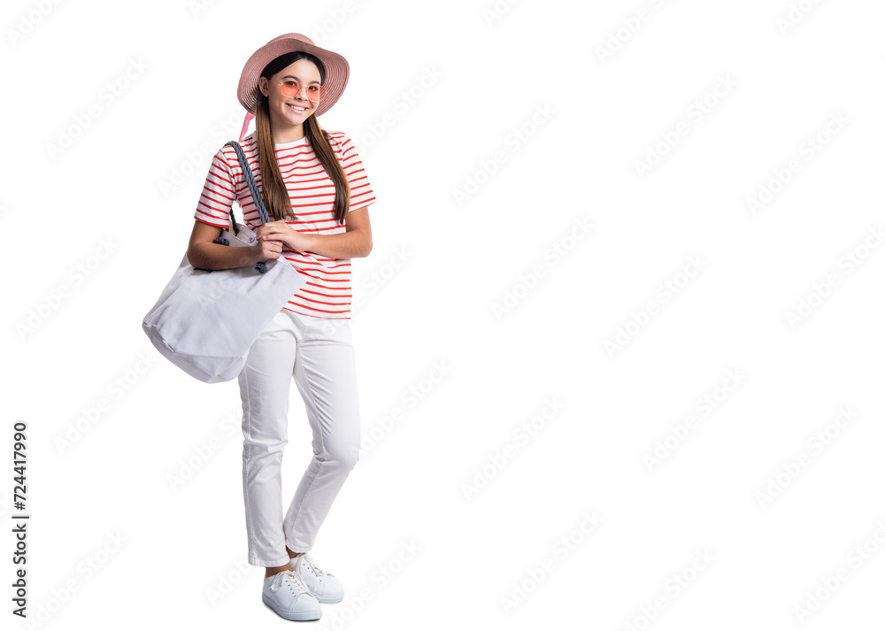 Naklejka premium teen girl in summer tote at studio with copy space advertisement. teen girl in summer tote