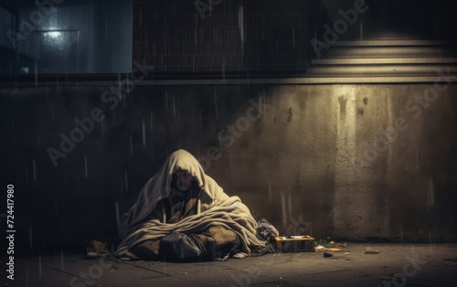 Person Wrapped in Blanket Sitting on Ground
