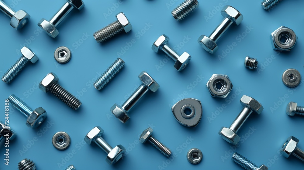 Screws, nuts, cogs, bolts pattern on a blue background. Screws, nuts, cogs, bolts pattern on a blue background.