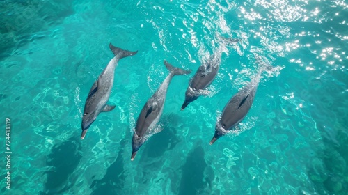 Dolphins swim gracefully through turquoise waters