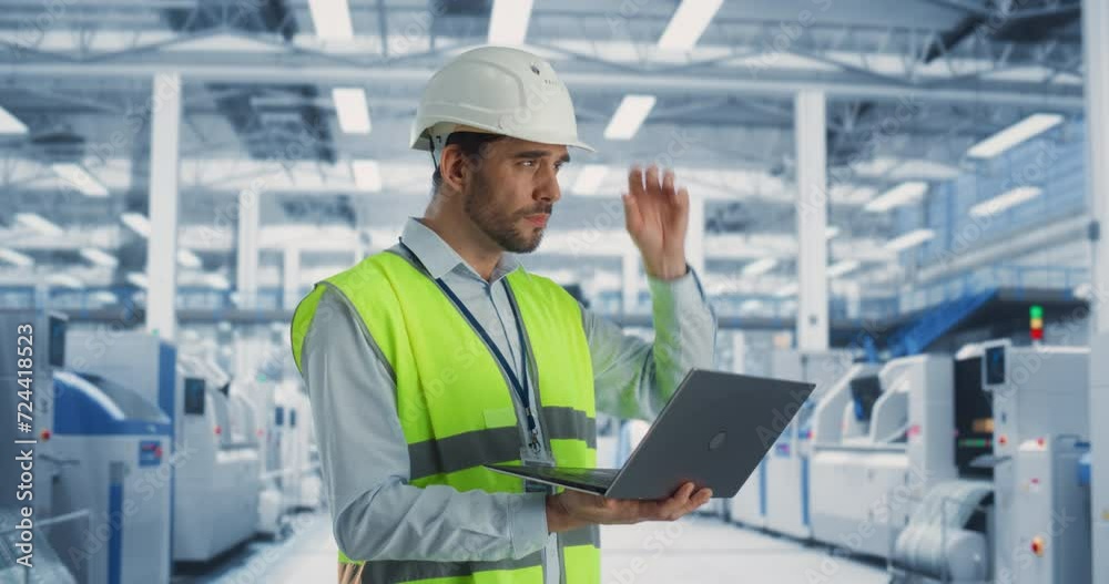 Portrait Of a Caucasian Male Engineer Standing In Factory Hall, Using Laptop Computer at a Machinery Manufacturing Facility. Specialist Using Online Software to Program Equipment on Production Line.