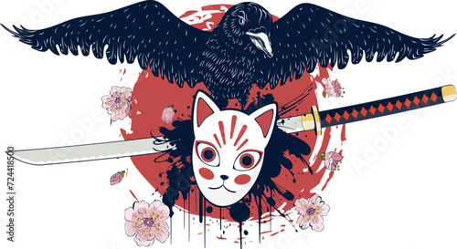 Crow, kitsune mask and katana