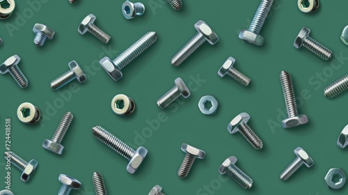Screws, nuts, cogs, bolts pattern on a green background.