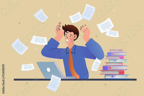 a lot of work, lots of documents on the desk, confusion and overwhelming work can't manage
