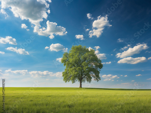 Big tree on a green meadow under blue sky with white clouds