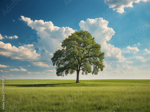 Big tree on a green meadow under blue sky with white clouds