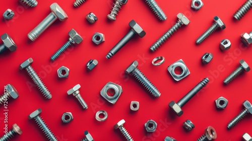 Screws, nuts, cogs, bolts pattern on a red background.