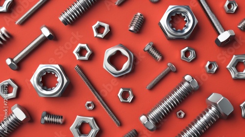 Screws, nuts, cogs, bolts pattern on a red background.