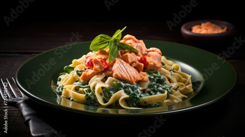 Tagliatelle with spinach and fresh salmon, food photography, 16:9