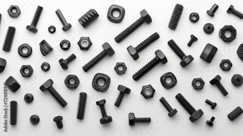 Screws, nuts, cogs, bolts pattern on a white background.