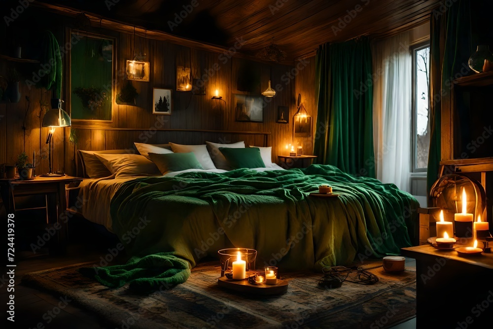 Interior of bedroom with green blankets on bed, burning candles and glowing lamps late in evening