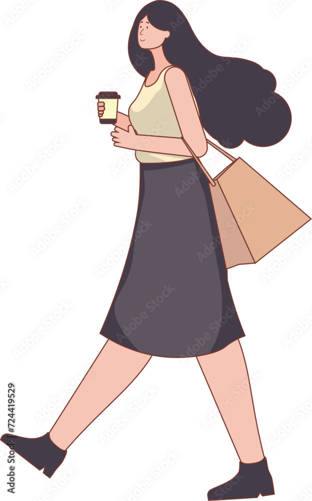 Girl hold coffee cup and walk Girl hold coffee cup and walk