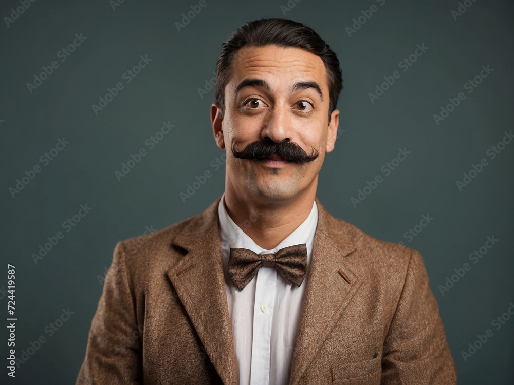 Portrait of funny man with mustache and bow tie looking at camera Portrait of funny man with mustache and bow tie looking at camera
