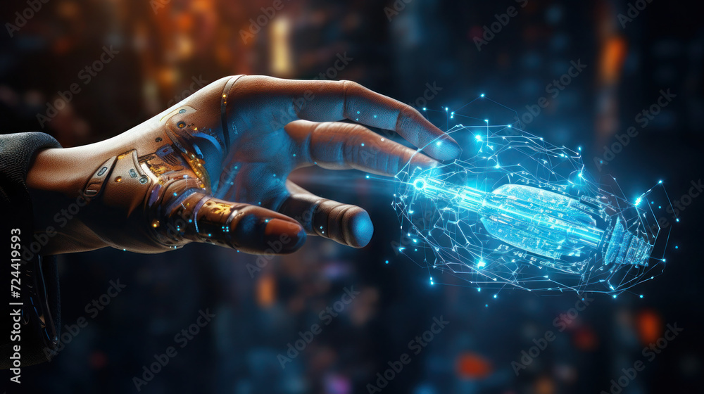 Robotic medical hand with DNA light effect on blurred background. Robotic medical hand with DNA light effect on blurred background.