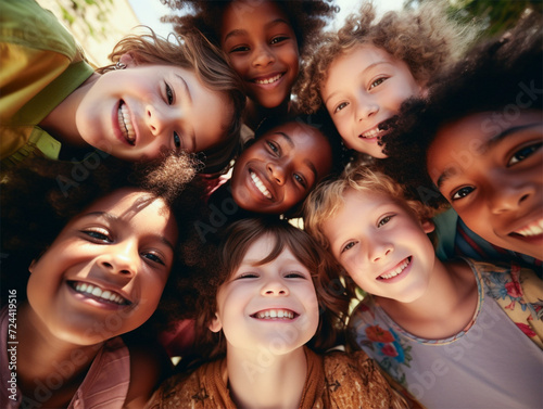 Group of multi ethnic kids looking down, huddle together. Low angle view