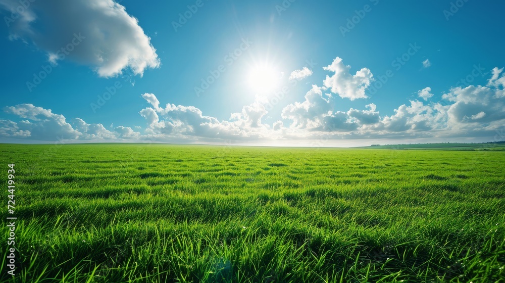 Fototapeta premium lush green field under bright in clear sky.
