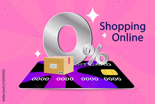 0% interest installment plan for online shopping. A credit card promotion for e-commerce with zero percent financing. Vector concept for a retail sale, banking offer, and fintech services.