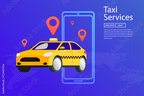 Global taxi services and ride-hailing network concept. A yellow cab with a high-tech smartphone interface over a world map background, symbolizing an international transportation app. Vector banner.
