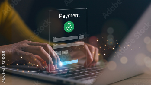 Online payment with digital marketing, Smartphone with banking online bill payment Approved concept button, credit card and network connection icon on business technology virtual screen background photo