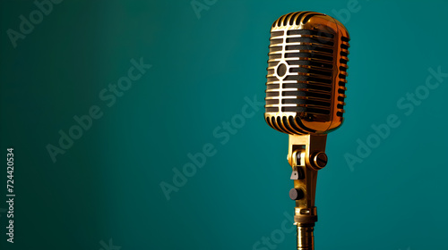 gold microphone on a lush green background, creating a nostalgic ambiance with copy space for text, ideal for music-themed designs
