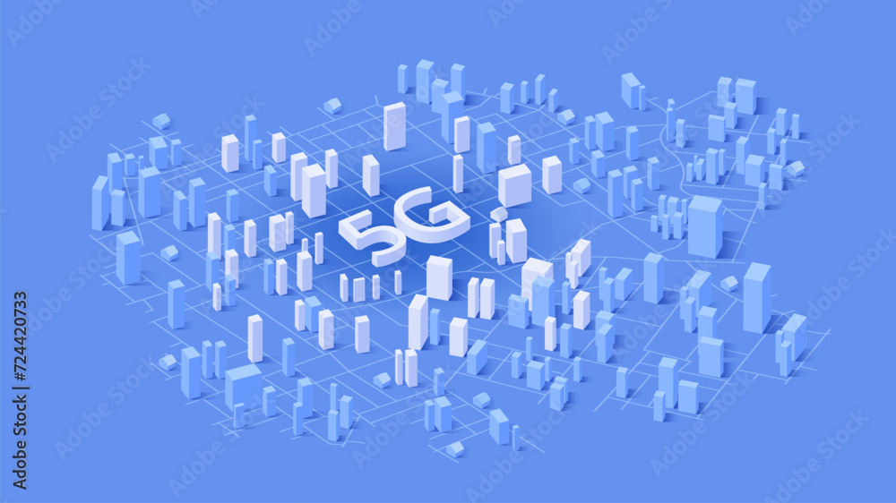 The Signal of 5G signal on abstract isometric 3d cityscape. Networks to distribute fast signals on area. Wireless network communication on map of city. Vector illustration The Signal of 5G signal on abstract isometric 3d cityscape. Networks to distribute fast signals on area. Wireless network communication on map of city. Vector illustration