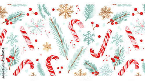 Christmas candy cane pattern, floral leaves, berries, snowflakes, stars, fir branches s on white background. Vector winter holiday repeat background. Cute xmas wallpaper, wrapping paper, fabric photo