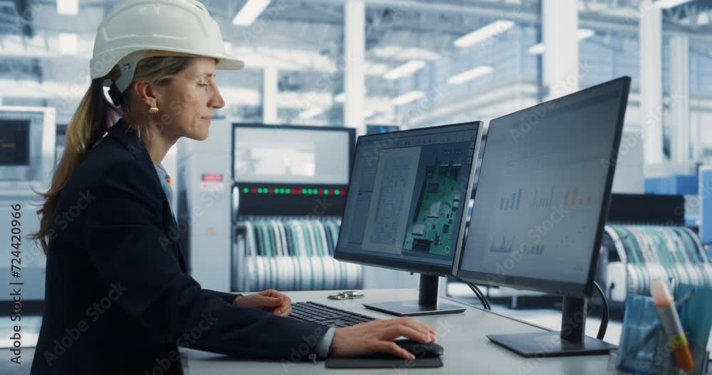 Electronics Design Factory Office: Portrait of Caucasian Female Engineer Wearing Hardhat and Working on Desktop Computer, Developing Industrial Microchips, Semiconductor, Telecommunications Equipment. Electronics Design Factory Office: Portrait of Caucasian Female Engineer Wearing Hardhat and Working on Desktop Computer, Developing Industrial Microchips, Semiconductor, Telecommunications Equipment.