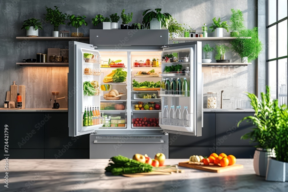 Photorealistic image showcasing an opened kitchen fridge Photorealistic image showcasing an opened kitchen fridge