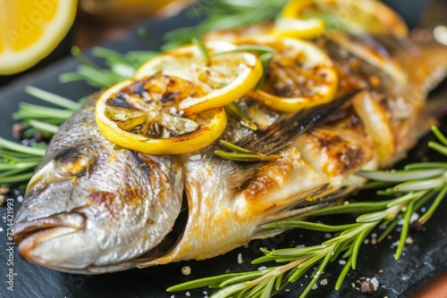 Grilled gilt-head bream fish with lemon slices and rosemary