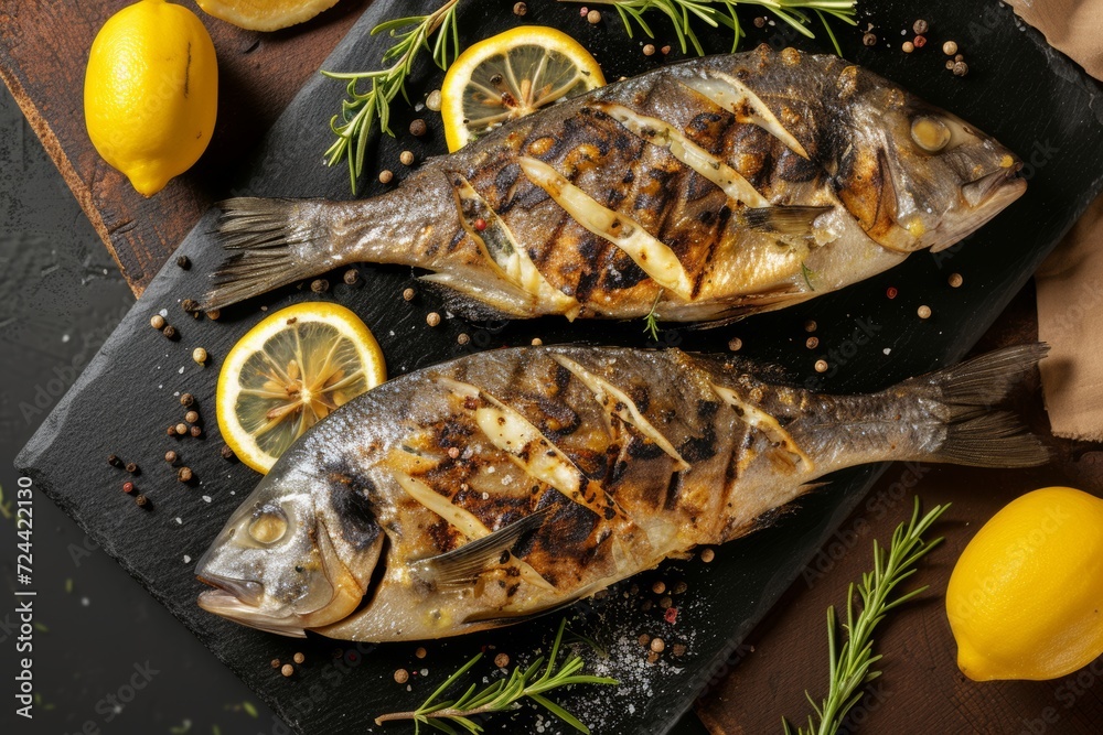Grilled gilt-head bream fish with lemon slices and rosemary