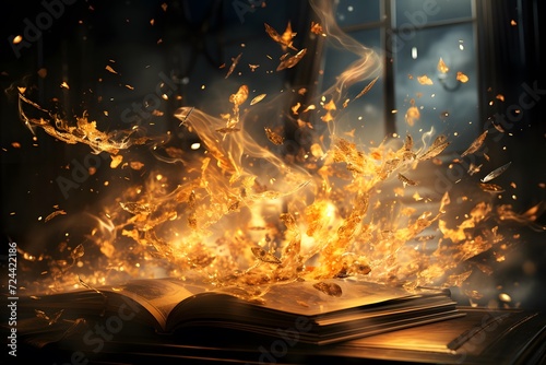 Burning book on a dark background. The book is burning in flames.