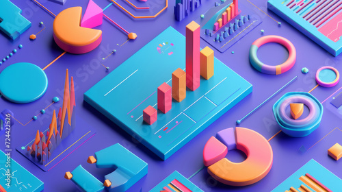 Modern colorful 3D infographics. Statistics Business 3d Pie Chart  Bars  Strips  Steps and Options. Business Infographic creative design made of 3D shapes