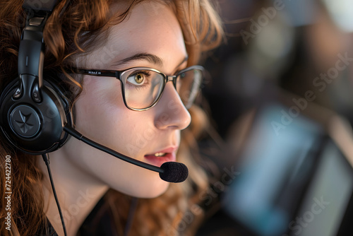 カスタマーサービスやコールセンターで働く女性がヘッドフォンをして電話をしている