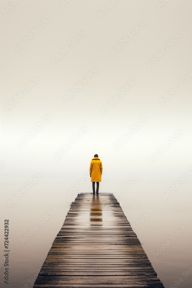 Person alleine auf dem Steg am See im Nebel - obrazy, fototapety, plakaty 