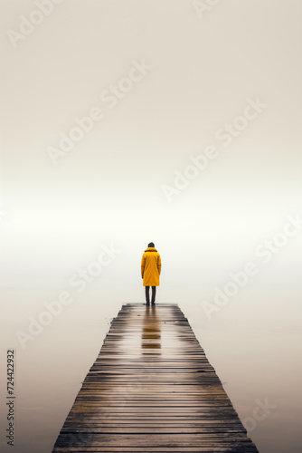 Person alleine auf dem Steg am See im Nebel