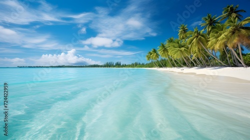 Panoramic view of beautiful tropical beach with palm trees at Maldives