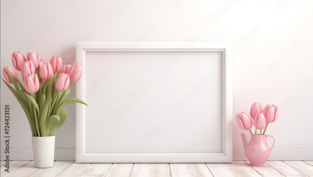 Blank white photo frame mockup and pink tulips flower in the side on the wooden white floor. Photo frame mockup with white wall background Blank white photo frame mockup and pink tulips flower in the side on the wooden white floor. Photo frame mockup with white wall background