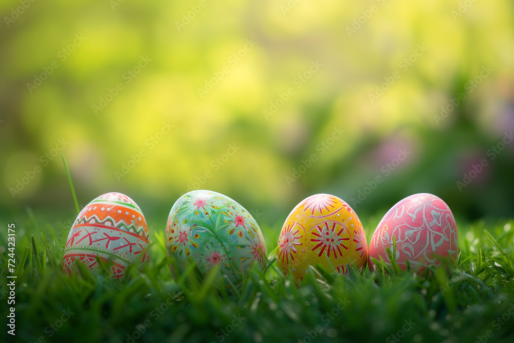 Decorated Easter egg, vibrant and intricate patterns, placed on lush green grass. Decorated Easter egg, vibrant and intricate patterns, placed on lush green grass.