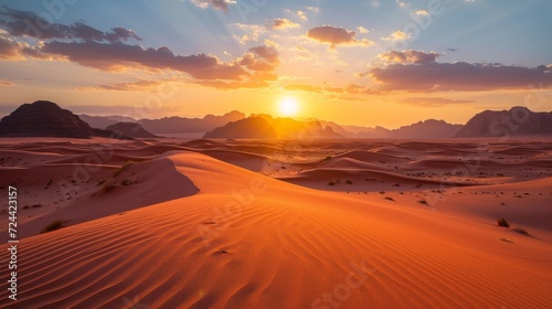 The sun is set over a desert with sand dunes and mountains with a few clouds in the sky.