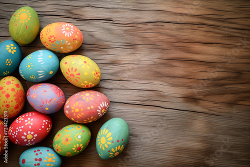 painted Easter eggs, rich in colors, placed on a rustic wooden floor