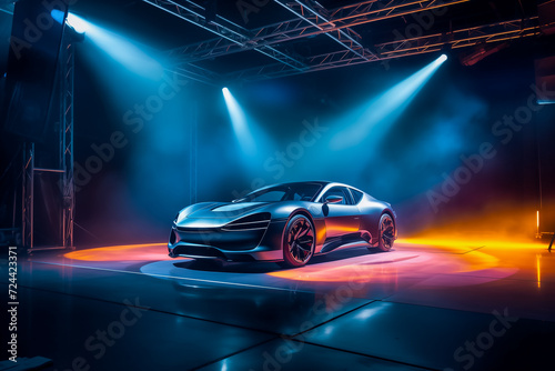 Illustration of New car unveiling concept on the stage, Generative AI image. photo