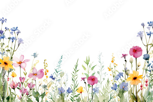 Watercolor Wildflowers Seamless Border  Summer Floral Frame for Greeting Cards and Invitations photo
