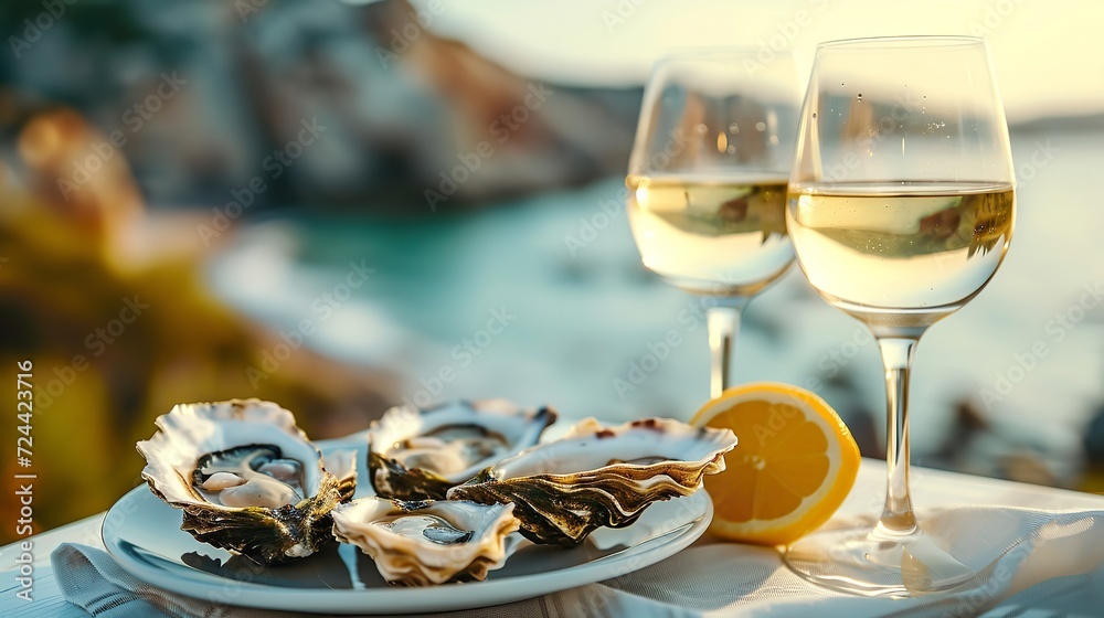 Croatian cuisine platter with lemon and two glasses of white wine, with fresh oysters against a blurry sea backdrop, Generative AI.