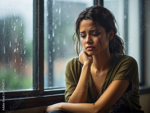 Sad young woman sitting on the window sill and looking at the rain