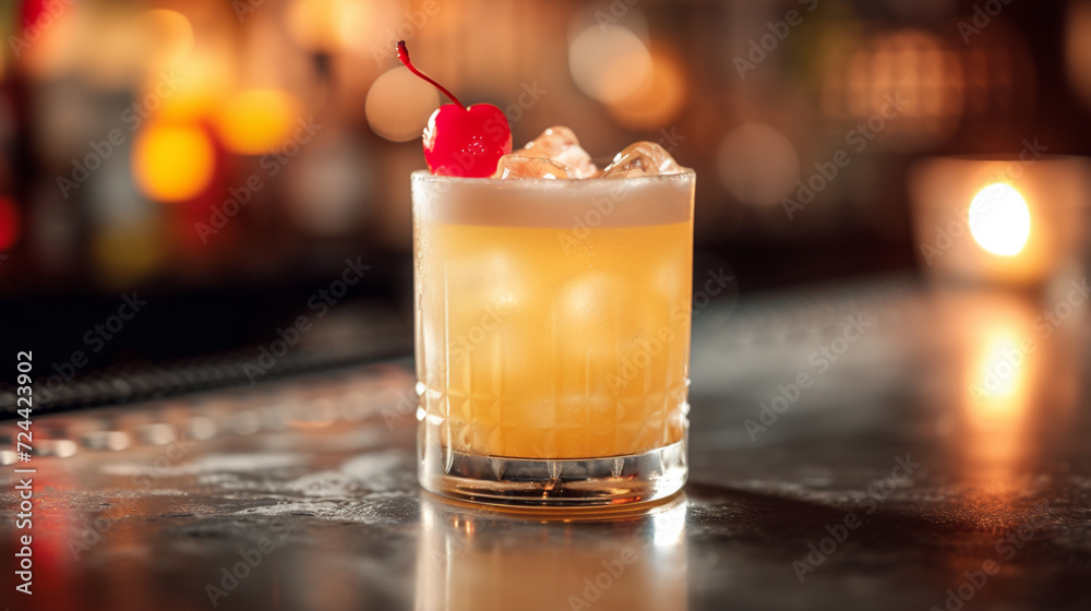 A whiskey sour garnished with a cherry, served in a dimly lit bar for a classic touch. A whiskey sour garnished with a cherry, served in a dimly lit bar for a classic touch.