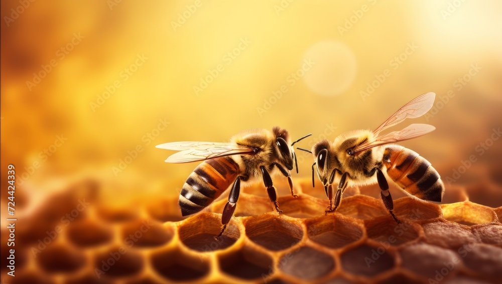 Close up view of honey bee on the honeycomb or bee hive. - obrazy, fototapety, plakaty 