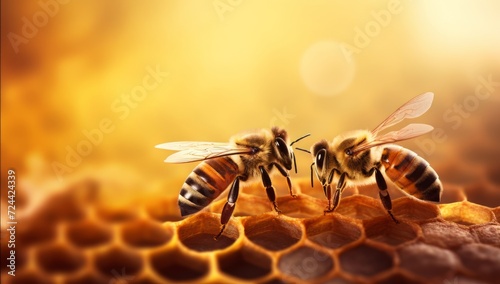 Close up view of honey bee on the honeycomb or bee hive.