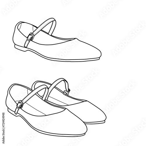 Flat shoes with buckle. Outline vector doodle illustration isolated with a white background. 