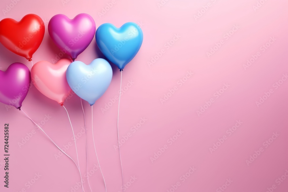 Colorful heart love shaped balloons isolated on pink background. Element decoration for Valentine's day, wedding and birthday